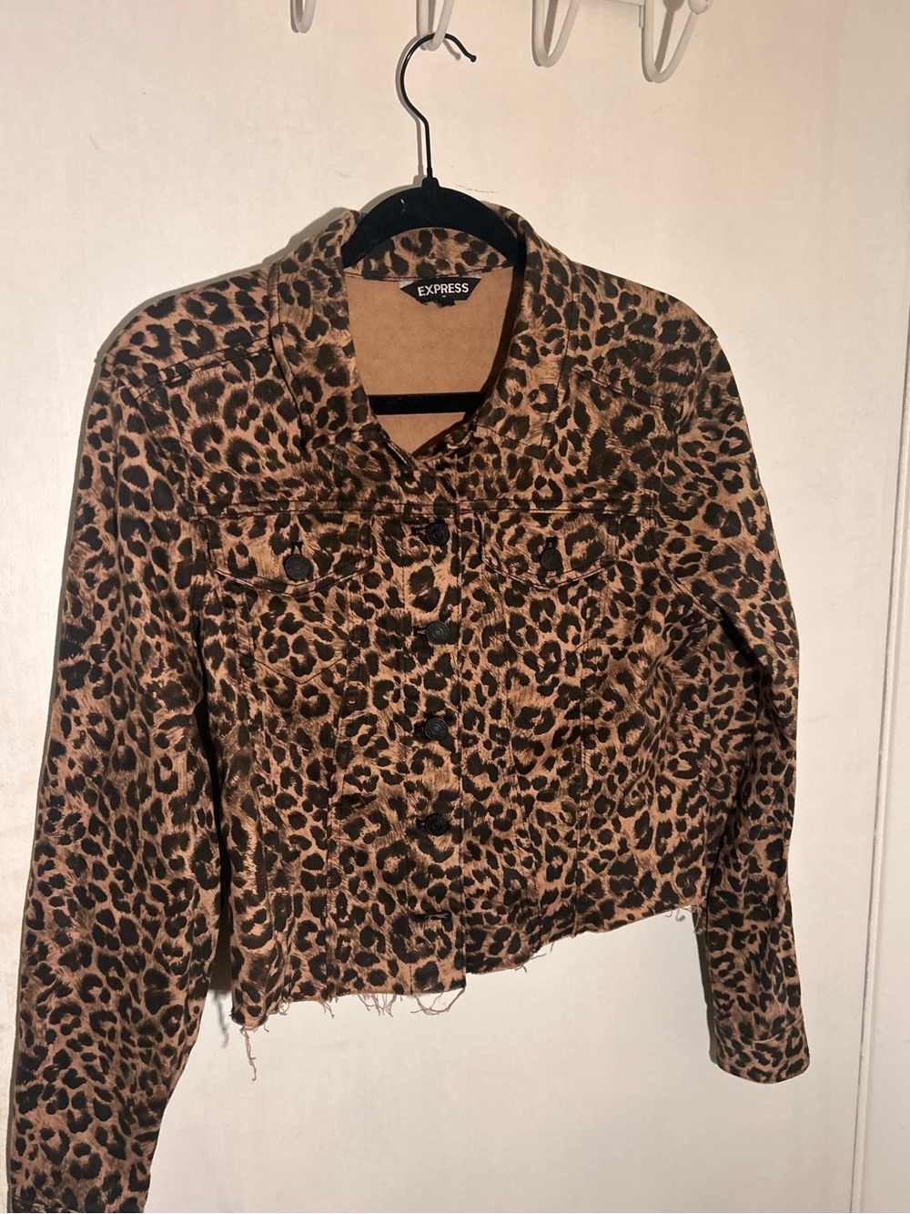 Express Leopard Print Cropped Jean Jacket in Brown and Black